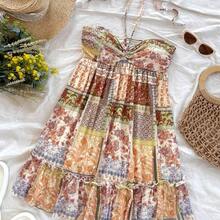 Western Wear Women,Summer Dresses For Women,Vacation Outfits Woman,Bohemian,Rave Outfit Festival,Concert Outfit Women,Easter Dress Women,Women's Vacation Colorful Retro Print Drawstring Front & Back Tie Layered Mini Dress, Music Festival Outfit,Sun Dress - Multicolor - Ver 5