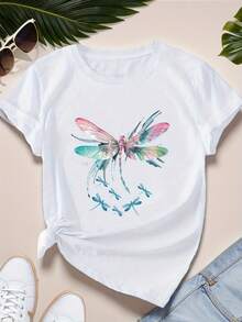 Camiseta de manga corta casual 100% para mujer - Camiseta de manga corta con cuello redondo estampado a la moda, tejido transpirable lavable a máquina, cómoda, fácil y elegante para uso diario en verano. Regalo perfecto. Corte holgado. Envío local - Blanco - Ver 1