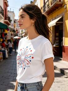 Limited Time Offer, Limited Quantities, Flash ! Women's Casual Shirts, Women's Polyester T-Shirts, Elegant Shirts. Women's T-Shirt With Fireworks Print, Round Neck, Casual Short Sleeves, Lightweight And Stretchy Fabric, Suitable For All Seasons. - 白色 - 查看 2