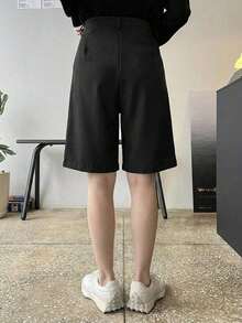 Pantalones de pierna ancha con detalle de plisado de cintura alta, pantalones de vestir para mujer, ropa de vuelta al colegio para otoño - Negro - Ver 2