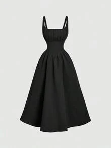 MOD Elegant Solid-Color Midi Dress With Pleats At The Waist For Parties - 黑色 - 查看 9