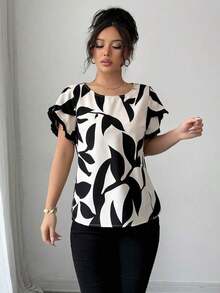 Blusa suelta de manga corta con cuello redondo, borde en contraste y estampado aleatorio, elegante para uso cotidiano, casual y vacaciones - Albaricoque - Ver 4