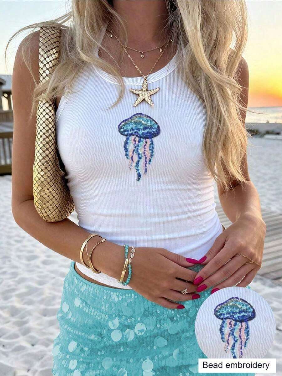 Top de tirantes con bordado de ballena para mujer, chaleco bordado con ribete de concha a la moda - Multicolor 2 - Ver 1