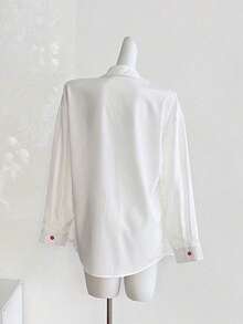 Camisa casual de manga larga, de un solo pecho, de unicolor y holgada para mujer - Blanco - Ver 2