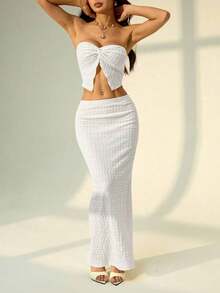 Set de top tubo texturizado de punto beige y shorts para mujer, conjunto de primavera, atuendos para rave y festivales, ropa occidental para mujer, atuendos de playa para mujeres - Blanco - Ver 6