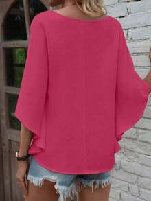 Camisa de manga corta de unicolor, cuello en V, holgada y casual para vacaciones - Rosa Fucsia 2 - Ver 2