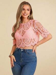 Blusa suelta de manga corta con encaje elegante para mujer, adecuada para la temporada de bodas, citas, primavera y verano, color: Blusa de verano casual de primavera y verano para mujer Blusa blanca Blusa bohemia Blusa de ojal Blusas de verano par - Rosa - Ver 1