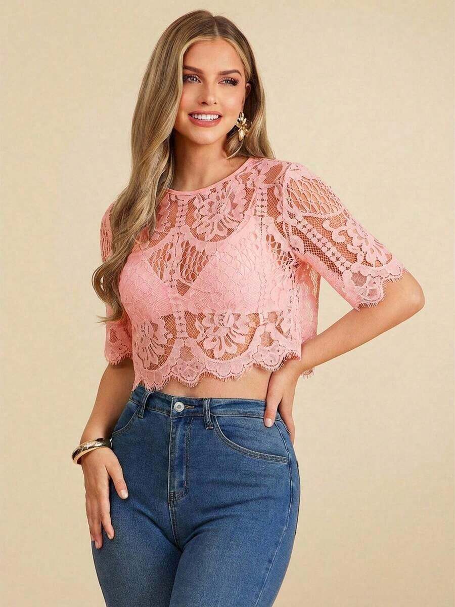 Blusa suelta de manga corta con encaje elegante para mujer, adecuada para la temporada de bodas, citas, primavera y verano, color: Blusa de verano casual de primavera y verano para mujer Blusa blanca Blusa bohemia Blusa de ojal Blusas de verano par - Rosa - Ver 1