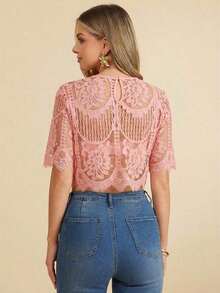 Blusa suelta de manga corta con encaje elegante para mujer, adecuada para la temporada de bodas, citas, primavera y verano, color: Blusa de verano casual de primavera y verano para mujer Blusa blanca Blusa bohemia Blusa de ojal Blusas de verano par - Rosa - Ver 2