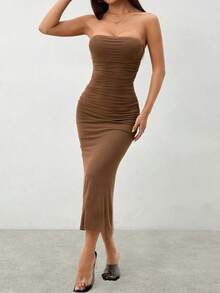 Vestido tubo sin tirantes de malla efecto degradado - Marrón - Ver 7