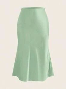 Falda de unicolor negro de cintura alta con textura de satén, adecuada para baile y uso diario - verde menta - Ver 5