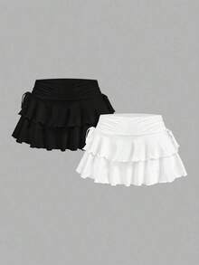 Set de 2 faldas de línea A con cintura fruncida, estilo minimalista y casual, adecuadas para conciertos, cruceros, clubes y salidas - Blanco y Negro - Ver 11