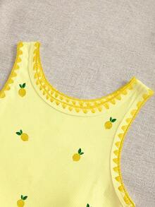 Camiseta de tirantes con cuello redondo, estampado de flores de cerezo y recorte de concha para mujer - Amarillo - Ver 4