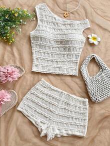 Conjunto de 2 piezas para vacaciones primavera/verano de mujer: Top corto asimétrico de hombro de punto a rayas rojas y blancas y shorts ajustados de tiro súper bajo, adecuado para fiesta, Navidad, San Valentín, cita, playa, crucero, carnaval, Pasc - Beis - Ver 3