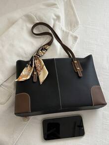 Tas Tote Bahu Wanita Mewah Warna Polos Serbaguna Terbaru, untuk Wanita Bisnis dan Profesional - Hitam - View 7