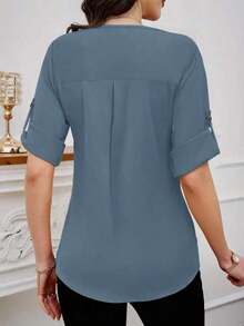 Clasi Blusa casual sencilla para uso diario con cuello redondo, manga corta y botones delanteros para mujer - Niebla azul - Ver 2