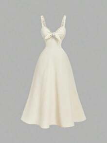 Vestido de mujer de unicolor con nudo delantero, elegante, con tirantes finos y de largo medio - Albaricoque - Ver 3