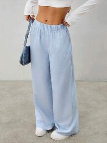 Pantalones casuales de pierna ancha a rayas para mujeres para ir al trabajo - Azul y blanco - Ver 8