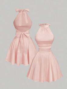 MOD Vestido mini con espalda descubierta, retorcido y fruncido en unicolor para mujer, vestidos de otoño para mujer, vestido, vestido, Acción de Gracias, vestidos elegantes para fiesta, vestido de invitada de boda, vestido de graduación, vestido de gala, vestido de noche elegante para boda - Rosa - Ver 6