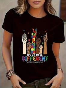 Autism Awareness T-Shirt For Mexican Women - Puzzle And Handprint Design "Different, Not Deficient", Casual Short Sleeve Top With Soft Elastic Crew Neck, Autism Clothing For Spring, Summer And Autumn, Fashionable Summer Cotton T-Shirt - 黑色 - 查看 7