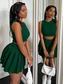 2 piezas Conjunto para mujer con top de tirantes con corazón calado y falda plisada - Verde Oscuro - Ver 3
