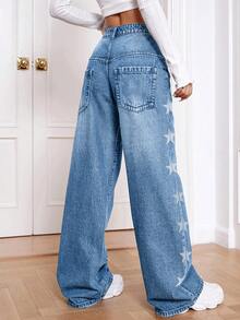 ALO FASHION Relaxed Fit Boho Denim Long Wash Star Pattern Wide Leg Jeans For Women Casual And Elegant Style - 寶藍色 - 查看 4