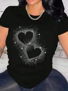 New 2026 hábilesCamiseta de Mujer Holgada - Estampado de Corazón Brillante con Pedrería, Algodón Transpirable para Gimnasio, Running y Parejas - Ropa Casual Lavable a Máquina para Todo el Año 1  Sexy  Casual  Dulce  Fiesta  Elegante    Playa  Vacaciones  Deportivo  Oficina  Casa  viaje  Despedida de soltera  Sesión de fotos    verano  Strass - Negro - Ver 6