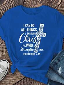 Camiseta de manga corta para mujer, estampado religioso de cruz con frase "Puedo todas las cosas", cuello redondo, top inspirador para las cuatro estaciones, atuendo casual de fiesta, ropa de diario y formal para todas las estaciones - Blanco - Ver 7