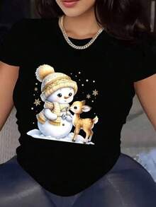 Playera con diseño de Muñeco de Nieve y Reno, estampado navideño, colorido, ideal para esta temporada, moderna, holgada, cuello redondo, manga corta, para fiestas de temporada y uso diario, ideal para toda la familia 100% algodón, estilo Y2K Bababask - Negro - Ver 6