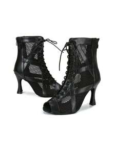 1 par de botas de tobillo de baile de jazz de tacón alto cómodas y de moda, de piel de PU negra y malla, zapatos de baile de salón - Negro - Ver 6