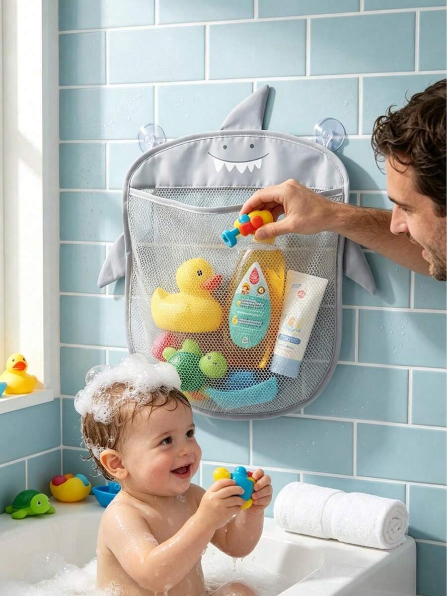 Shark Shaped Storage Bag - Baby Bathroom Mesh Bag, Cartoon Animal Hanging Storage Mesh Bag, Toy Storage Bag, Children's Bathroom Supplies, Children's Bathroom Toy Storage Mesh Bag, Baby Bath Supplies, Birthday Gift, Party Favors, Shark Theme Decor, Suction Cup Hanging Bag