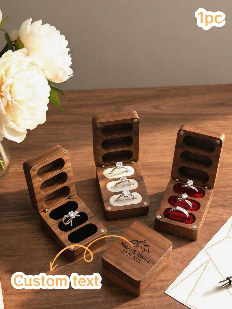 1 hộp đựng nhẫn bằng gỗ chạm khắc 3 ngăn theo yêu cầu, hộp đựng nhẫn cầu hôn/đính hôn 3 ngăn cá nhân hóa. - Nhiều màu - Xem 1
