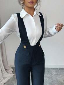 Elenzya Mono elegante para maestras con diseño de cuello en V profundo y cintura de tela gruesa negra, adecuado para el Día de la Independencia, el Cyber Monday, Halloween, el Día del Soltero, la fiesta de regreso a clases, la fiesta del Día del Soltero, vacaciones, Nochebuena, Navidad, Víspera de Halloween, Acción de Gracias, Carnaval de Navidad, Diwali, viajes, lugar de trabajo, mono de otoño - Azul marino - Ver 3
