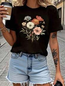 Women's Casual Graphic Print T-Shirts - With Colorful Floral Bouquet Pattern - 100% Cotton - Women's Clothing - Casual Short Sleeve T-Shirt - Fashionable Blouses For Women - Loose Fit T-Shirt - Everyday Wear - Suitable For Spring, Summer And Autumn. - 黑色 - 查看 6