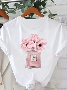 Playera de Mujer Cuello Redondo con Estampado de Frasco de Perfume y Flores Rosas Chic Casual de Manga Corta Ajuste Regular Suave Fresca Estilo Elegante para Verano - Blanco - Ver 7
