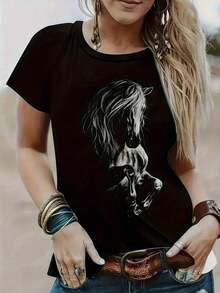 FASHIOGIRL Camiseta chic negra mujer diseño caballo impresión artística casual moda boho diaria primavera verano disponible en tallas S,, L y XL ropa  elegancia - Negro - Ver 6