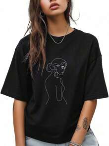 Versatile Everyday T-Shirt, Women's Crewneck Tee, Female Line Pattern Short Sleeve Casual Shirts, Easter T-Shirts For Baby Girls, Summer Clothes, Anime Prints, Essential World Cup Support Clothing, Graphic Design T-Shirts For Toddlers, Suitable For Everyday Wear, Men's T-Shirt - 黑色 - 查看 5
