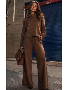 Women's Set In Elegant And Comfortable Ribbed Knit Fabric, Winter Fashion, Chic Blogger Style - 鏽棕色 - 查看 1