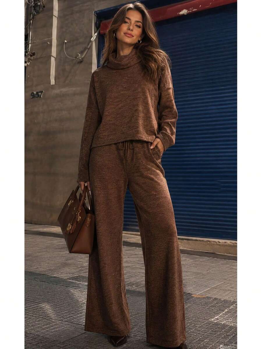 Women's Set In Elegant And Comfortable Ribbed Knit Fabric, Winter Fashion, Chic Blogger Style - 鏽棕色 - 查看 1