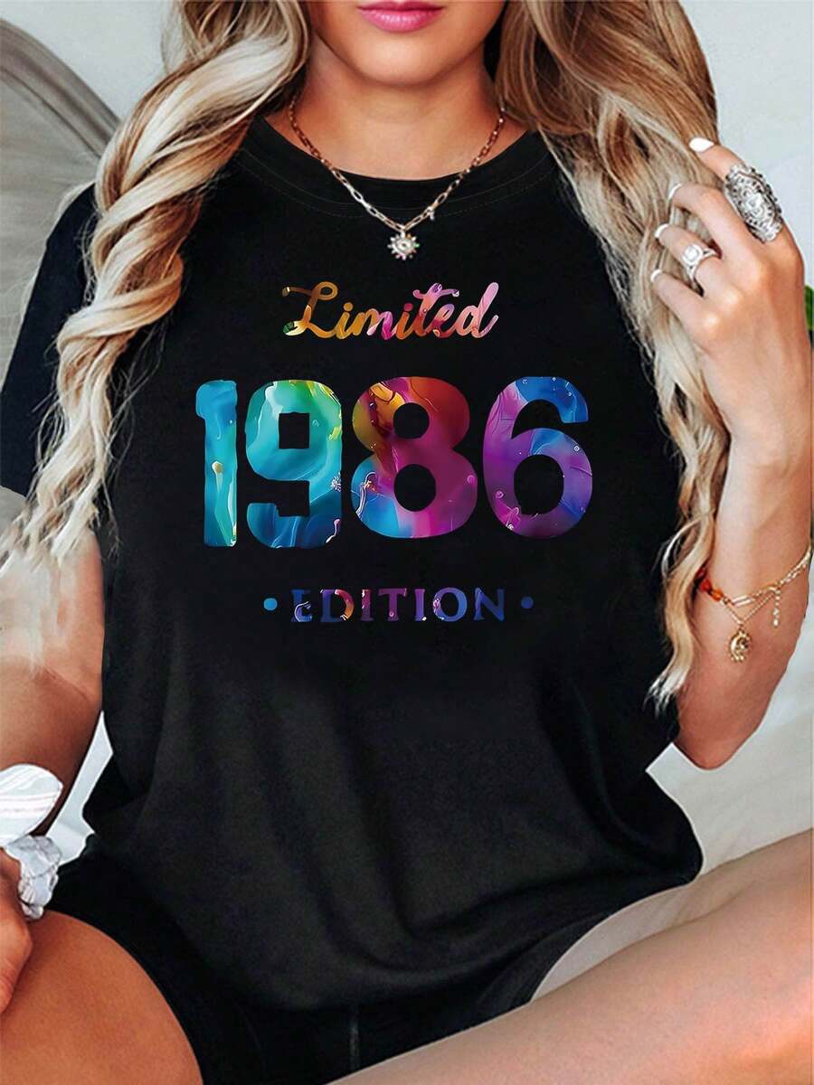 Women's Limited Edition 1986 Fluid Pattern T-Shirt - Decorated With Number And Slogan In A Fluid Pattern, Casual Short Sleeve, Colorful Fashion Limited Edition 1986 Birth Year T-Shirt In Blue-Pink-Purple - 黑色 - 查看 1