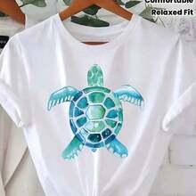 Women's CasualWo T-Shirt, Soft And Breathable, With Sea Turtle Graphic Print - Relaxed Fit, Short Sleeve, Round Neck, White, Blue-Green Ocean Design For Everyday Casual Wear And Travel, Machine Washable, Comfortable T-Shirt For All Seasons, Turtle Collar, Casual Short Sleeve T-Shirt With Wo Print For Everyday Wear And Travel, Must-Have. - 白色 - 查看 1