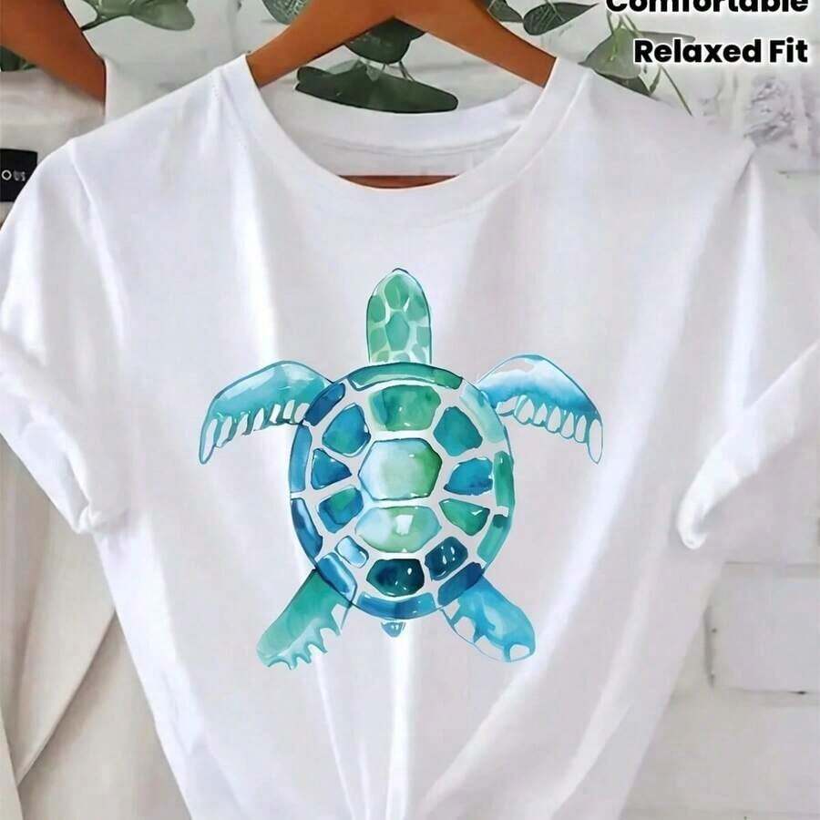 Women's CasualWo T-Shirt, Soft And Breathable, With Sea Turtle Graphic Print - Relaxed Fit, Short Sleeve, Round Neck, White, Blue-Green Ocean Design For Everyday Casual Wear And Travel, Machine Washable, Comfortable T-Shirt For All Seasons, Turtle Collar, Casual Short Sleeve T-Shirt With Wo Print For Everyday Wear And Travel, Must-Have. - 白色 - 查看 1