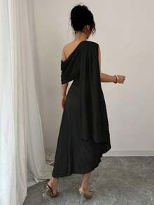Vestido largo elegante de mujer con un hombro, de gasa, con pliegues brillantes, para primavera/verano - Burdeos - Ver 6