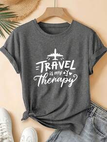 1 Women's Short Sleeve Summer T-Shirt - 2D Geometric Airplane Design With "Travel Is My Therapy" Print. Modern Urban Style. | Youthful Design | Comfortable Fit, Beautiful Clothing. A Very Distinctive Printed T-Shirt / Unisex Style / Suitable For Both Men And Women / Wrinkle-Resistant / Breathable - 黑色 - 查看 10