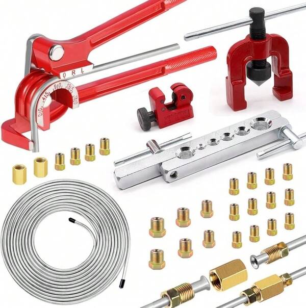 25Ft 3/16" Brake Line Kit 24 Fittings,Brake Line Bender Cutter Single Flare Tool