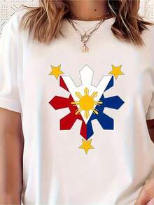 1 Camiseta de Mujer Y2K con Bandera de Filipinas - Suave, Transpirable, Secado Rápido, Corte Relajado en H con Diseño de Sol y Estrellas Filipinas (////) - Orgullo Filipino para Looks Casuales y Eventos Temáticos - Para Todas las Estaciones - Blanco - Ver 1