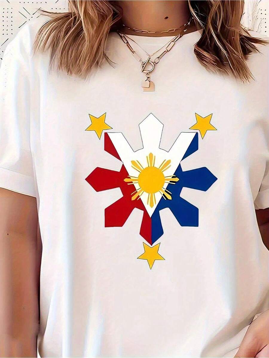 1 Camiseta de Mujer Y2K con Bandera de Filipinas - Suave, Transpirable, Secado Rápido, Corte Relajado en H con Diseño de Sol y Estrellas Filipinas (////) - Orgullo Filipino para Looks Casuales y Eventos Temáticos - Para Todas las Estaciones - Blanco - Ver 1