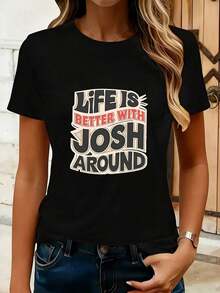 conjuntos de mujerLife Josh Comfit Camiseta de mujer 100% poliéster talla grande, informal, divertida, con estampado gráfico, manga corta, 1 pieza, cuello redondo, novedosa, playeras de mujer - Negro - Ver 7