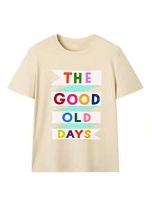 Edición Limitada: Camiseta de Manga Corta para Mujer con Estampado de Lema Colorido GOOD OLD DAYS, Estilo Retro Americano, Divertida y Casual, Corte Holgado, Efecto Adelgazante, Cómoda, Transpirable, Estilo Urbano Relajado, Camiseta para Mujer, Perfecta para el Traslado Diario/Look Urbano Grunge/Reuniones de Chicas/Festivales deúsica/Conjuntos Retro/Conjuntos de Primavera-Verano, Algodón Ligero. - Albaricoque - Ver 3