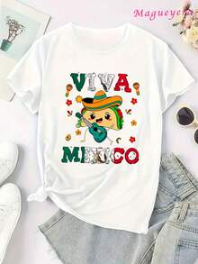 Limited Edition MGY Viva Mexico Graphic T-Shirt For Women, Size -% Cotton, Short Sleeve, Crew Neck, Casual Style With Vibrant Mexican Culture Design, Maracas, Sombrero And Chiles Print, Black And Red/Blue Green, Machine Washable, All Season Comfort, Lightweight Cotton - 紅色 - 查看 9